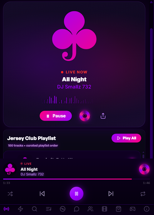 Version 3 mobile — clover logo, live waveform, persistent mini-player